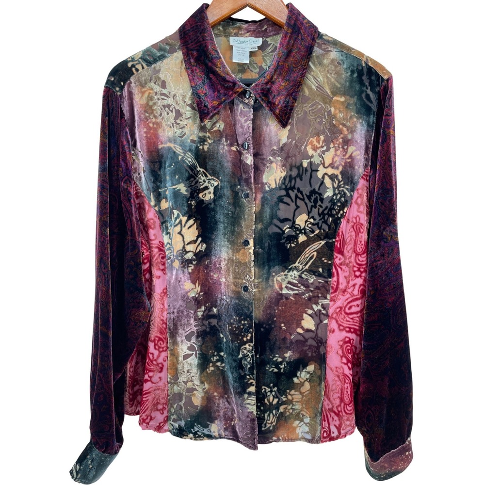 Velvet Burnout Top Womens XXL Patchwork Silk Blend Floral Boho Whimsigoth Artsy